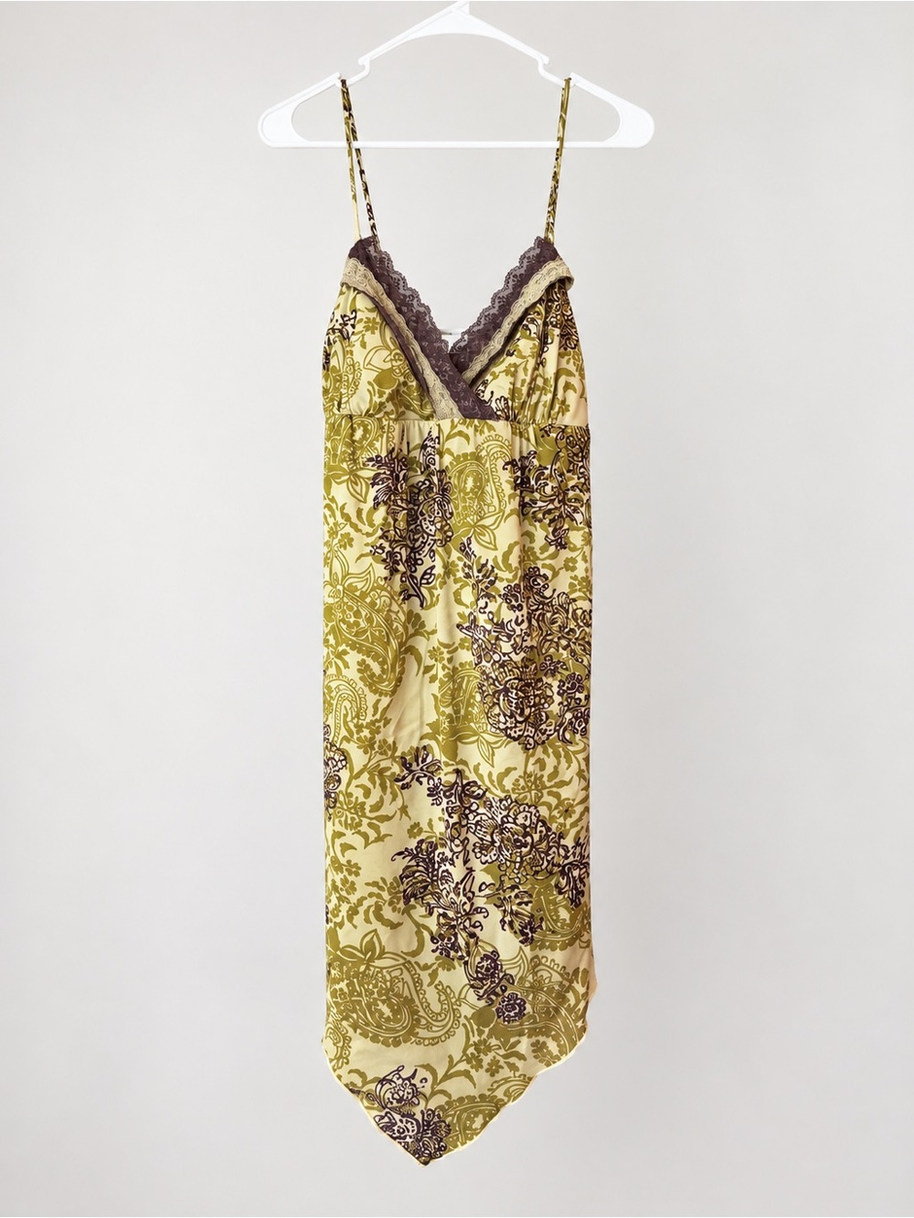 Y2K Trixxi Olive Paisley Lace Trim Handkerchief Hem Slip Dress Size Large